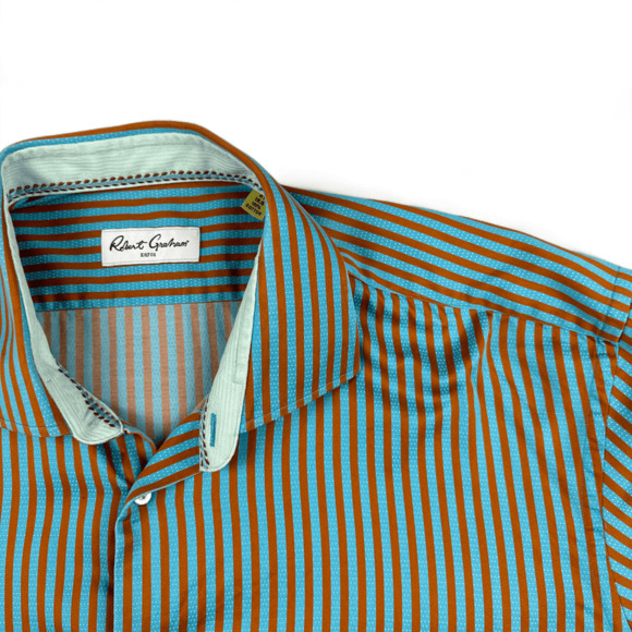 Robert Graham Shirt Adult EXTRA LARGE Blue Yellow Stripes Button Down Dress - Picture 2 of 8